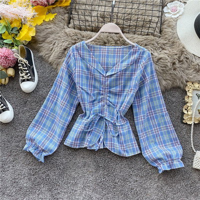 Cămașă în carouri de damă modernă, cu decolteu și cravate, în roz, galben, albastru, maro, roșu