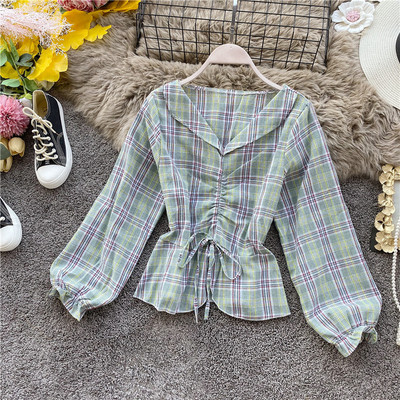 Cămașă în carouri de damă modernă, cu decolteu și cravate, în roz, galben, albastru, maro, roșu