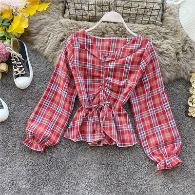 Cămașă în carouri de damă modernă, cu decolteu și cravate, în roz, galben, albastru, maro, roșu