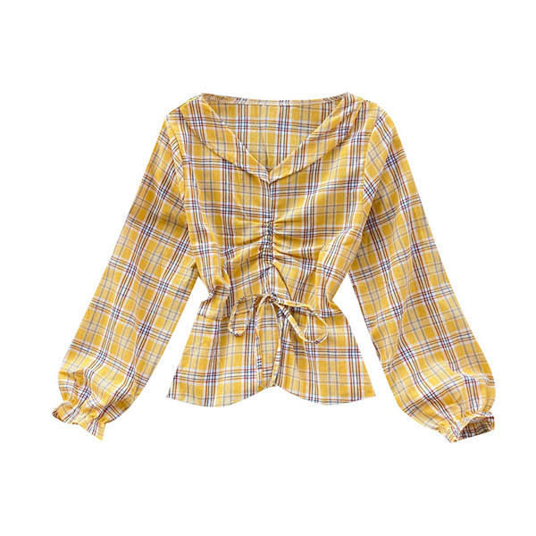 Cămașă în carouri de damă modernă, cu decolteu și cravate, în roz, galben, albastru, maro, roșu