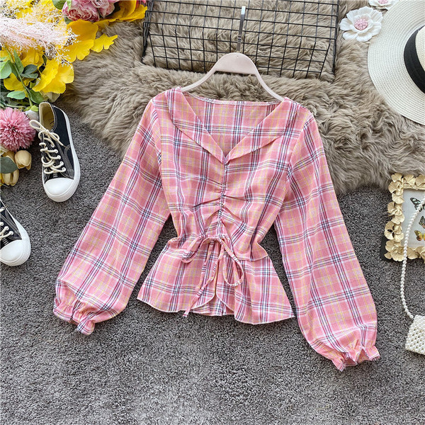 Cămașă în carouri de damă modernă, cu decolteu și cravate, în roz, galben, albastru, maro, roșu