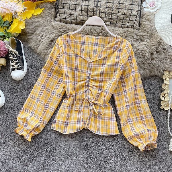 Cămașă în carouri de damă modernă, cu decolteu și cravate, în roz, galben, albastru, maro, roșu