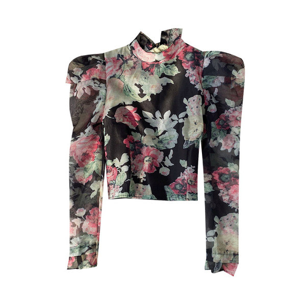 Μοντέρνο γυναικείο πουκάμισο σιφόν με μακρύ μανίκι με μαύρο χρώμα και floral πριντ