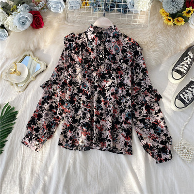 Cămașă modernă de șifon de damă cu model floral și nasturi în patru culori