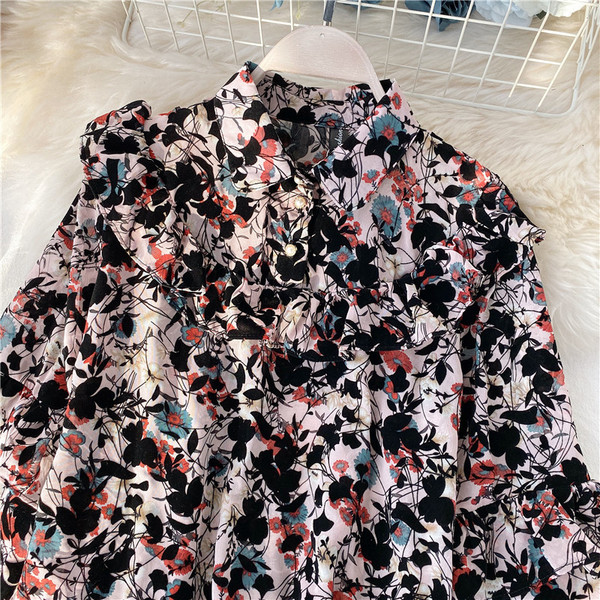 Cămașă modernă de șifon de damă cu model floral și nasturi în patru culori