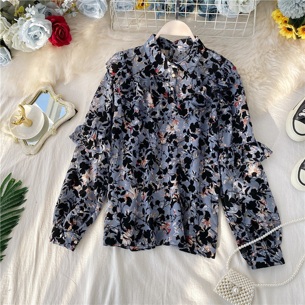 Cămașă modernă de șifon de damă cu model floral și nasturi în patru culori