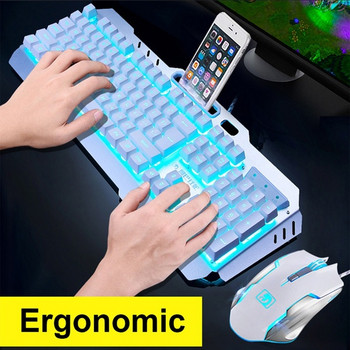 Геймърски комплект от кабелни клавиатура и мишка с LED светлини в бял цвят