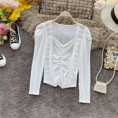 Γυναικεία μπλούζα με τετράγωνη λαιμόκοψη και δαντέλα σε κόκκινο, κίτρινο, μαύρο και άσπρο χρώμα