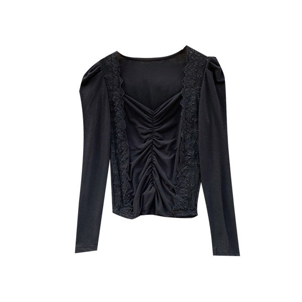 Γυναικεία μπλούζα με τετράγωνη λαιμόκοψη και δαντέλα σε κόκκινο, κίτρινο, μαύρο και άσπρο χρώμα