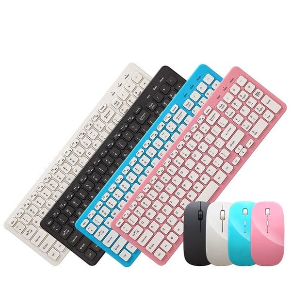 Set tastatură și mouse ultra-subțire fără fir în negru, roz, albastru și alb