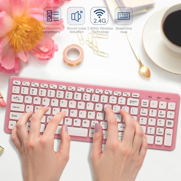 Безжичен ултратънък комплект от клавиатура и мишка в черен, розов, син и бял цвят
