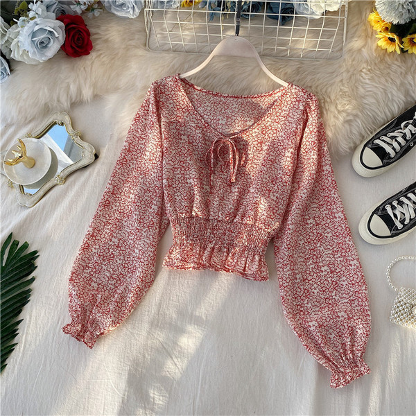 Κομψή κοντή μπλούζα με δεσμούς και  μακρύ μανίκι σε τέσσερα χρώματα