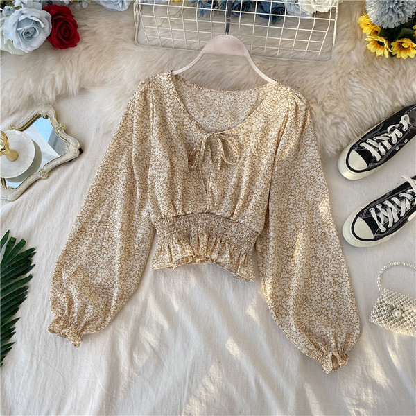 Κομψή κοντή μπλούζα με δεσμούς και  μακρύ μανίκι σε τέσσερα χρώματα