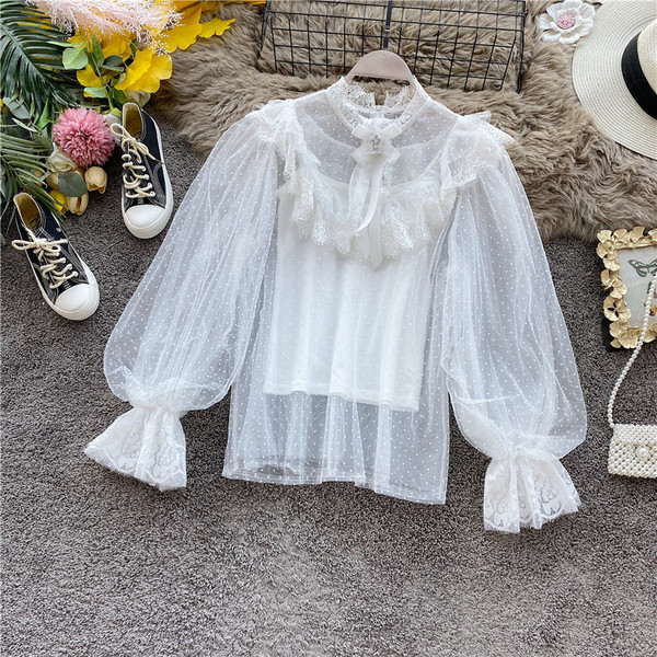 Modern női ing csipke és tüll ujjú fehér színben