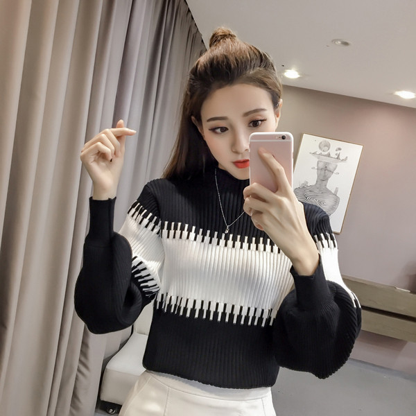 Casual γυναικείο πουλόβερ  με ημι-υψηλό γιακά και φαρδιά μανίκια