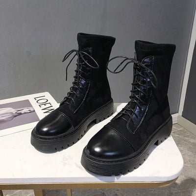 Női őszi-téli csizma fűzővel és lapos talppal, fekete és bézs színben