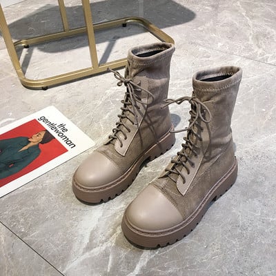 Női őszi-téli csizma fűzővel és lapos talppal, fekete és bézs színben