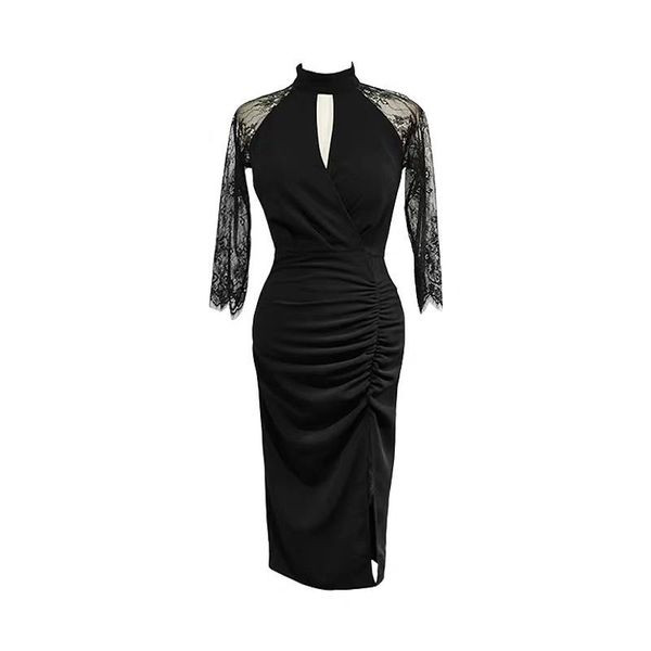 Κομψό γυναικείο φόρεμα με δαντελωτά μανίκια και σχίσιμο σε μαύρο χρώμα