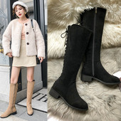 Cizme de iarna dama cu toc mic gros din piele intoarsa ecologica in negru si bej