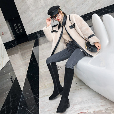 Cizme de iarna dama cu toc mic gros din piele intoarsa ecologica in negru si bej