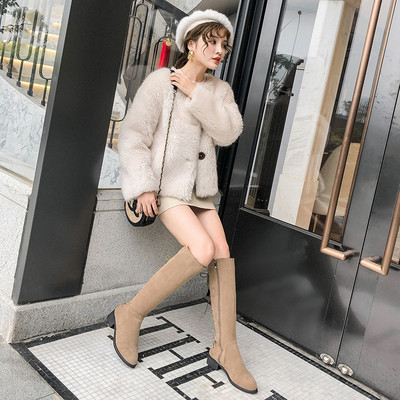 Cizme de iarna dama cu toc mic gros din piele intoarsa ecologica in negru si bej