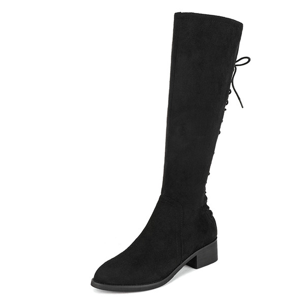 Cizme de iarna dama cu toc mic gros din piele intoarsa ecologica in negru si bej