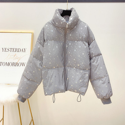 Geaca de dama moderna cu fulgi de nea fara gluga in albastru si argintiu