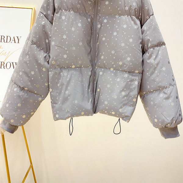 Geaca de dama moderna cu fulgi de nea fara gluga in albastru si argintiu