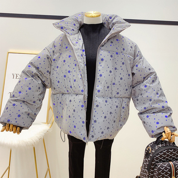 Geaca de dama moderna cu fulgi de nea fara gluga in albastru si argintiu