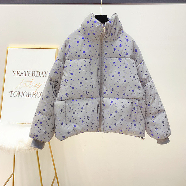 Geaca de dama moderna cu fulgi de nea fara gluga in albastru si argintiu