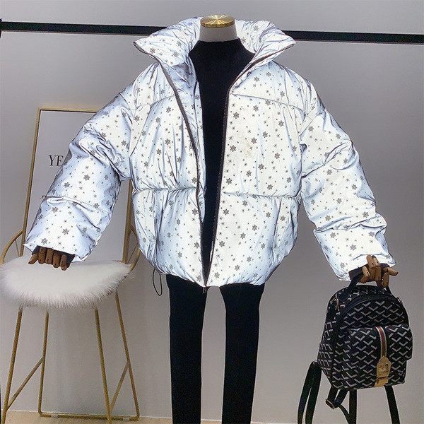 Geaca de dama moderna cu fulgi de nea fara gluga in albastru si argintiu