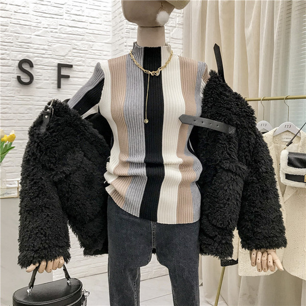 Csíkos női pulóver őszre és télre, polo gallérral - két színben