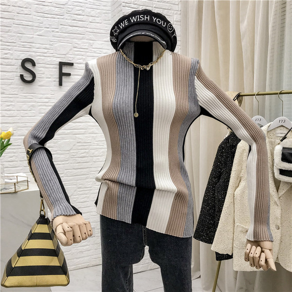 Csíkos női pulóver őszre és télre, polo gallérral - két színben