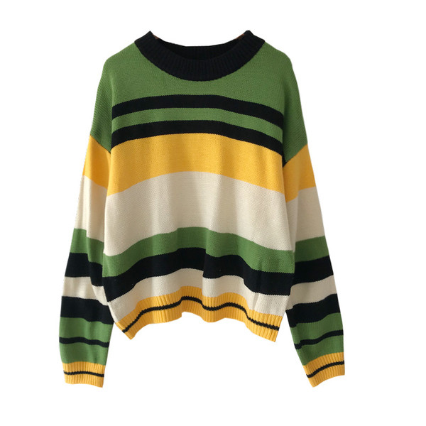 Női csíkos őszi-téli pulóver ovális nyakkivágással, piros és zöld színben