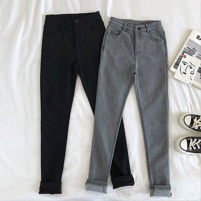 Дамски дънки в сив и черен цвят с висока талия и джобове