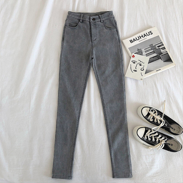 Blugi de dama in gri si negru cu talie inalta si buzunare