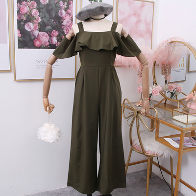 Modern női overál csupasz váll zöld, piros, sárga és fekete színekben