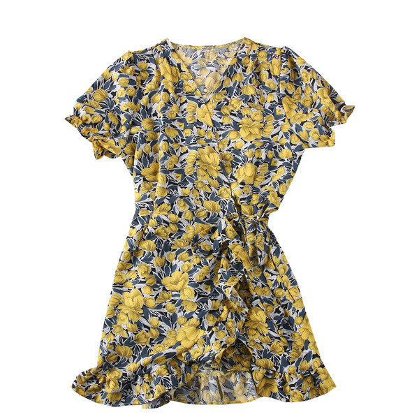 Női ruha spitz nyakkivágással és rövid ujjú piros, kék és sárga színben