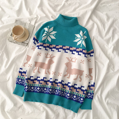 Karácsonyi női pulóver kék és piros színben pólógallérral és hosszú ujjal