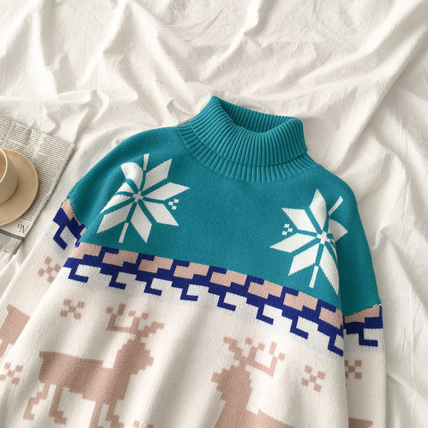 Karácsonyi női pulóver kék és piros színben pólógallérral és hosszú ujjal