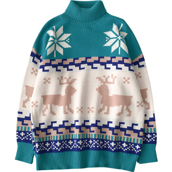 Karácsonyi női pulóver kék és piros színben pólógallérral és hosszú ujjal