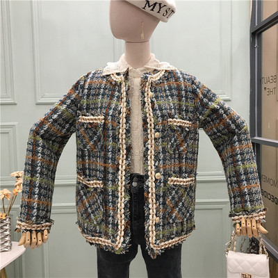 Дамско карирано палто с копчета и джобове -ретро стил в розов и зелен цвят