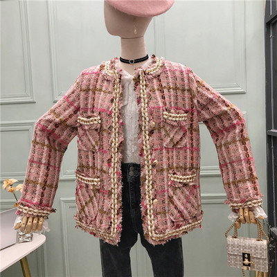 Дамско карирано палто с копчета и джобове -ретро стил в розов и зелен цвят