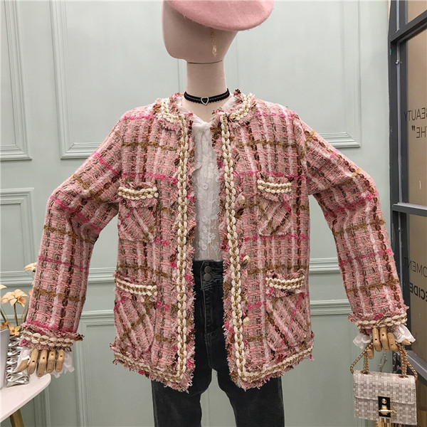 Дамско карирано палто с копчета и джобове -ретро стил в розов и зелен цвят