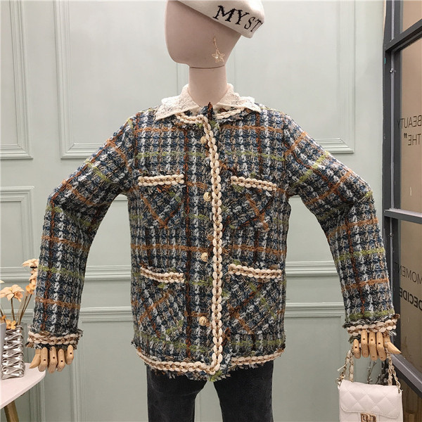 Дамско карирано палто с копчета и джобове -ретро стил в розов и зелен цвят