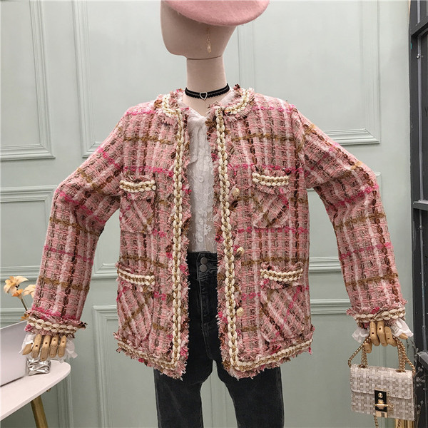 Дамско карирано палто с копчета и джобове -ретро стил в розов и зелен цвят