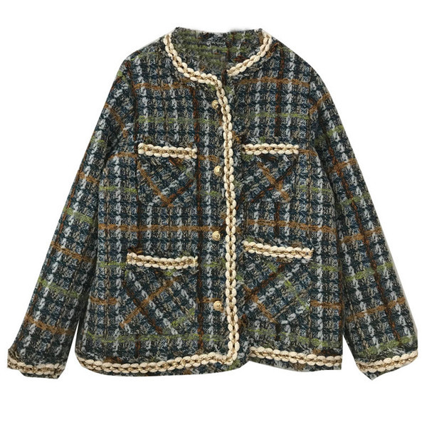 Дамско карирано палто с копчета и джобове -ретро стил в розов и зелен цвят