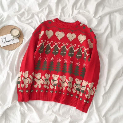 Karácsonyi női pulóver bézs és piros széles modellben