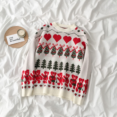 Karácsonyi női pulóver bézs és piros széles modellben