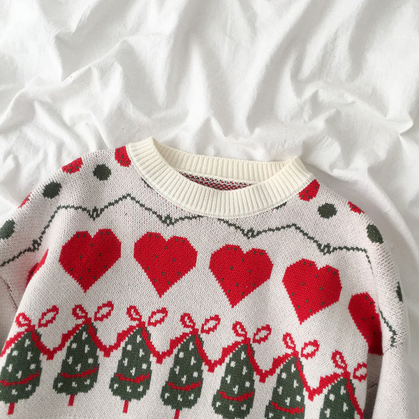 Karácsonyi női pulóver bézs és piros széles modellben